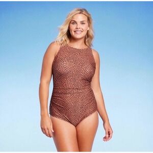 Kona Sol One Piece Swimsuit Womens 17 Brown Animal Print High Neck Ruched NEW